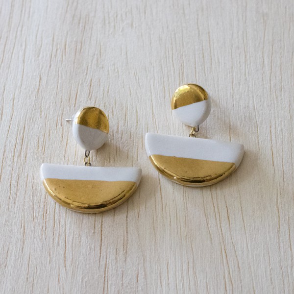 White and Gold Dangle Earrings, Half Circle