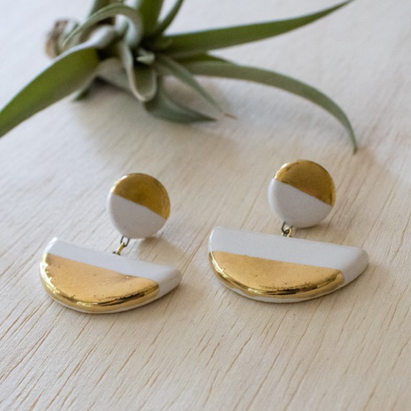 White and Gold Dangle Earrings, Half Circle - Image 3