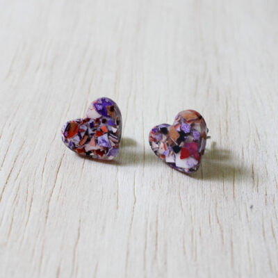 Heart Stud Earrings, Dyed Egg Shell in Resin